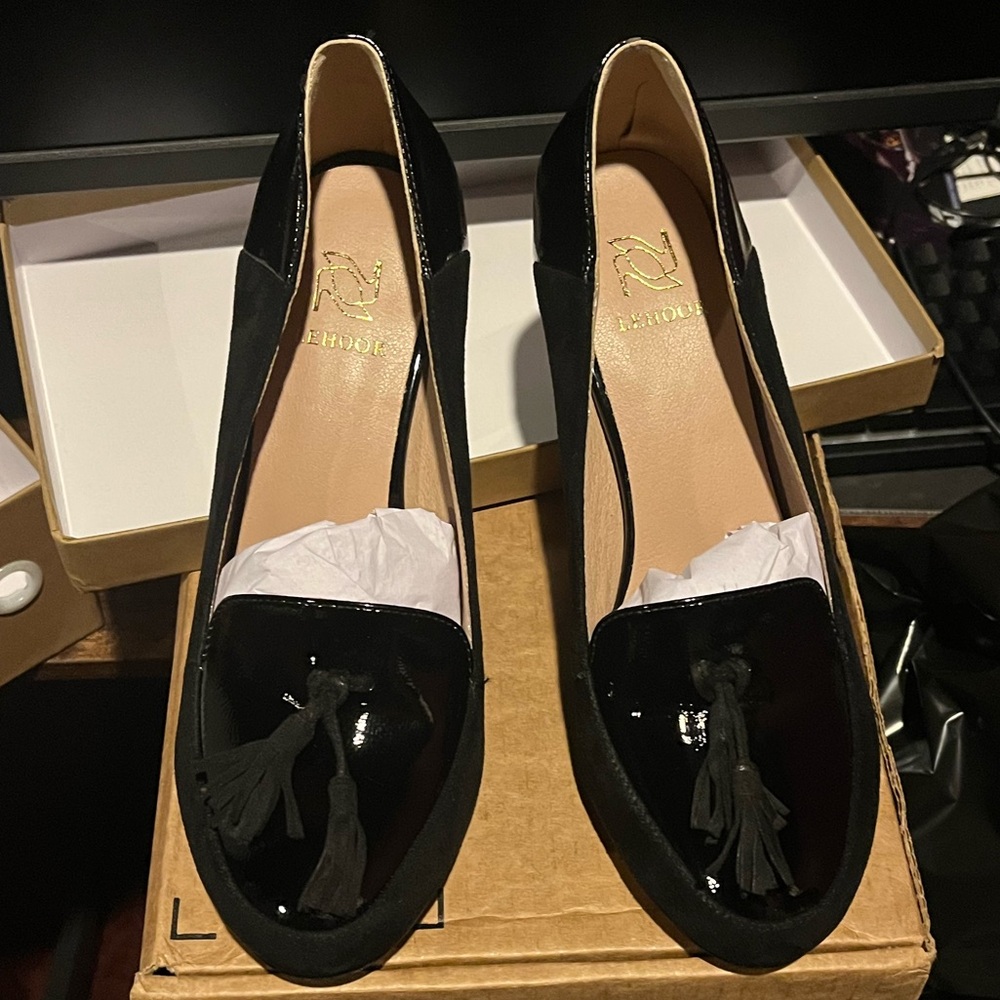 LEHOOR Women Chunky Block High Heel Fringed Pumps Round Toe Slip On Dress Loafer